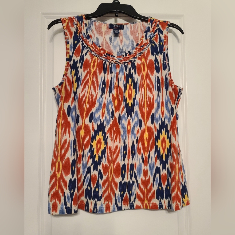 Women's Sz XL Chaps Sleeveless Ikat Print Top, Blue/Red/Yellow/White